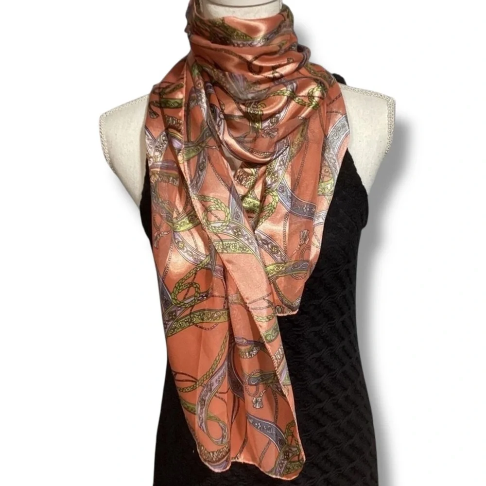 Vintage Orange Green Blue & White Ribbon & Rope Patterned Striped Silk Scarf